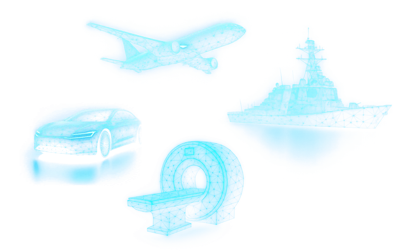 Wireframe models of a car, an aircraft, a naval ship and a CT scanner